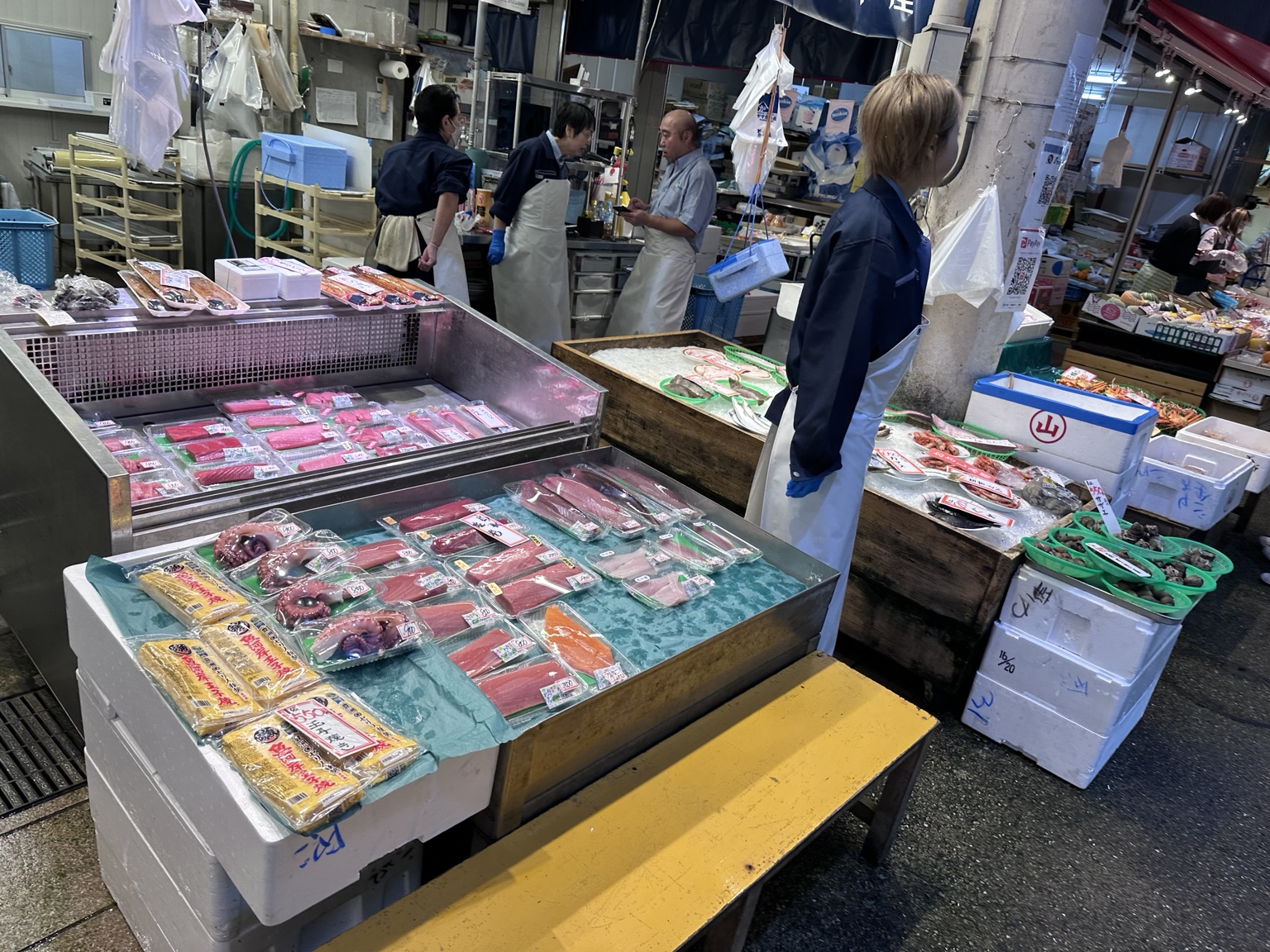 Seafood displayed over ice at a Japanese fish market